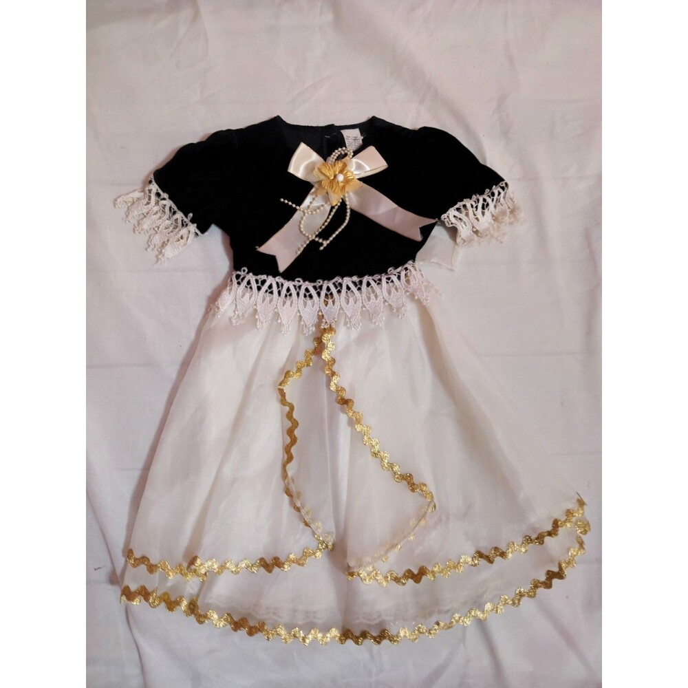 Vintage Velvet Dress Girls 2t  Lace With Gold Trim Circle Skirt Bow Party Dress - Picture 3 of 7